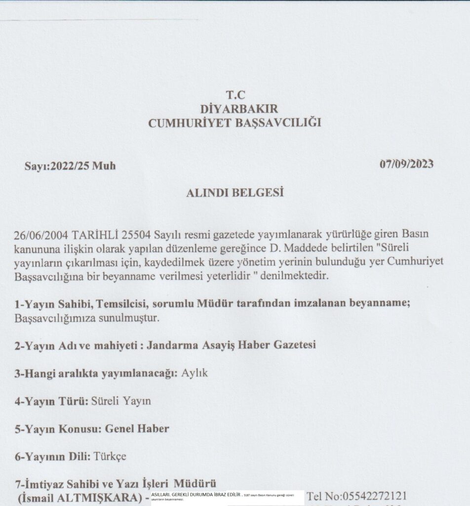    GAZETEMİZ DİYARBAKIR CUMHURİYET SAVCILIĞININ  İLĞİLİ TARİH VE SAYILI KARARI İLE . . YAYINA BAŞLAMIŞTIR. KAR AMACI GÜTMEZ TÜM MUHABİRLER FAHRİ OLARAK  ÇALIŞIR .
